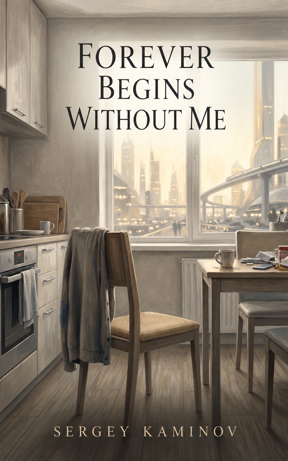 Forever Begins Without Me by Sergey Kaminov — an empty kitchen chair with a cardigan, overlooking a future city