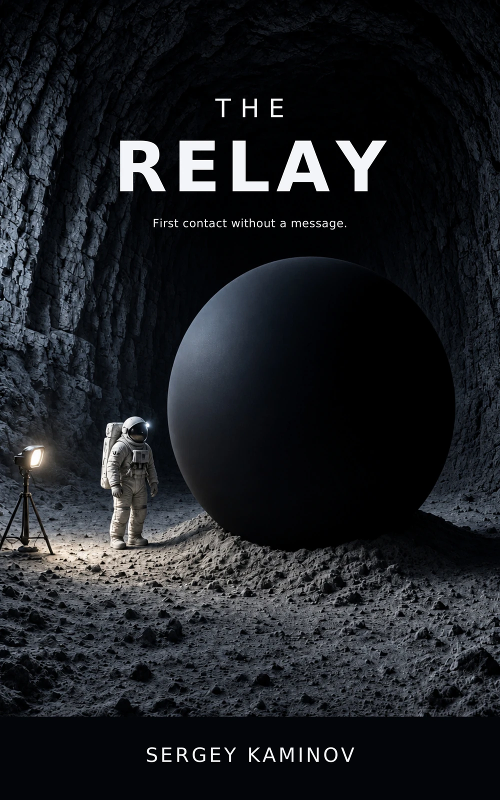 The Relay by Sergey Kaminov — an astronaut beside a black sphere in a lunar cave